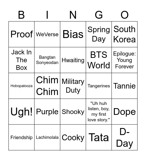 Bangtan Holiday Event Bingo Card