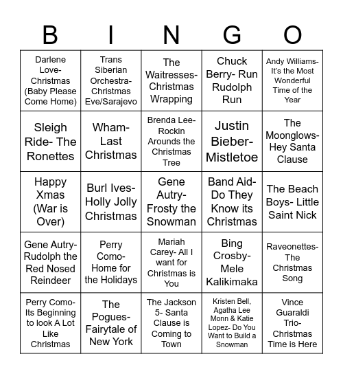 Christmas Music Bingo Card