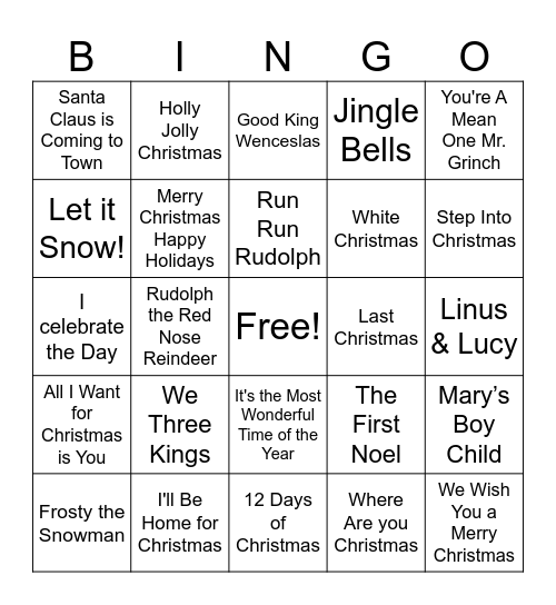 Christmas Song Bingo Card