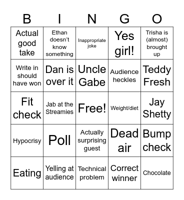 Live show Bingo Card