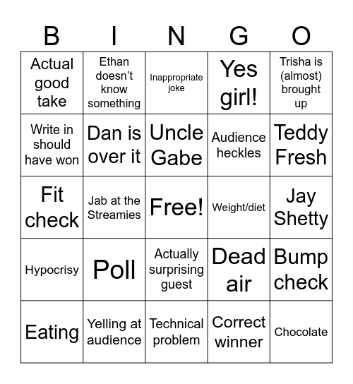 Live show Bingo Card