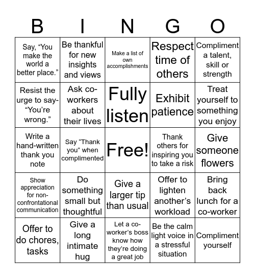 Gratitude Bingo Card