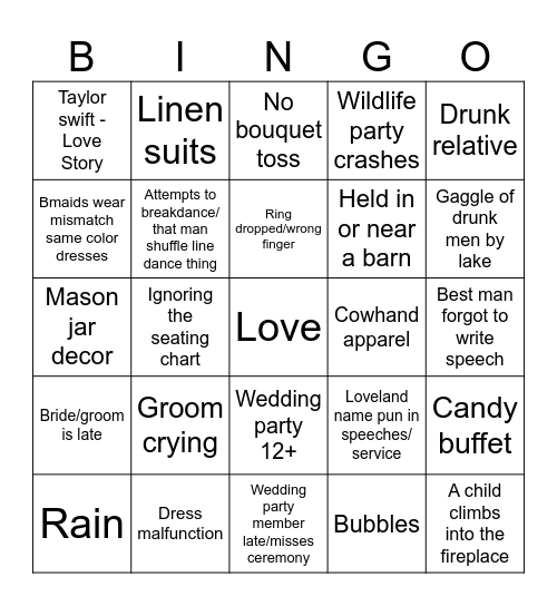 J and B Wedding Bingo Card