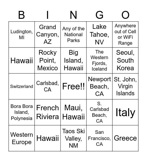 Colleagues Favorite Places to Vacation Bingo Card