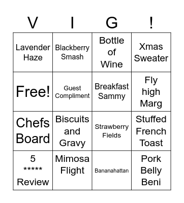 Vig Brunch Bingo Card