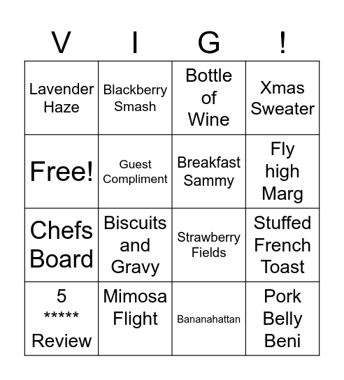 Vig Brunch Bingo Card