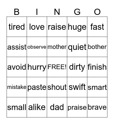 SYNONYMS   (2) Bingo Card