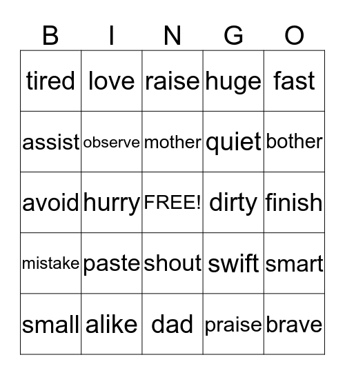 SYNONYMS   (2) Bingo Card