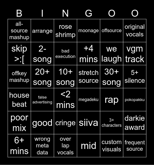 Mashup Week: Megamix Bingo Card