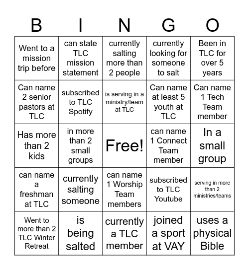 TLC Bingo Card