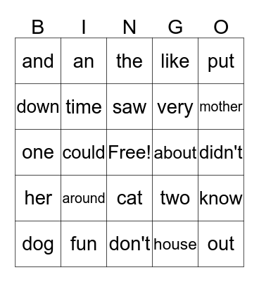 Sight Word Bingo Card