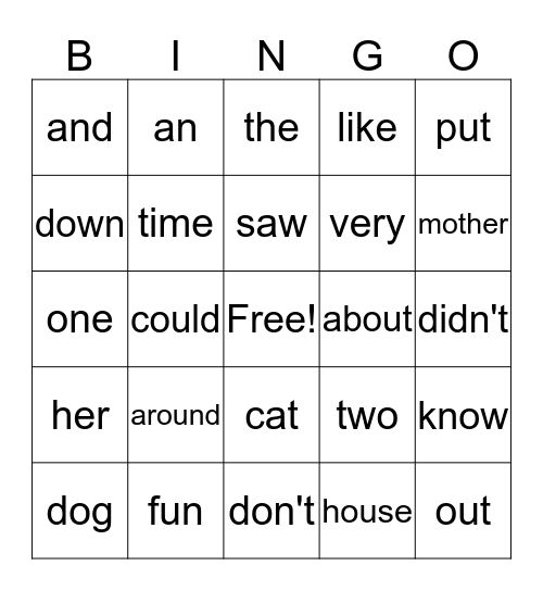 Sight Word Bingo Card