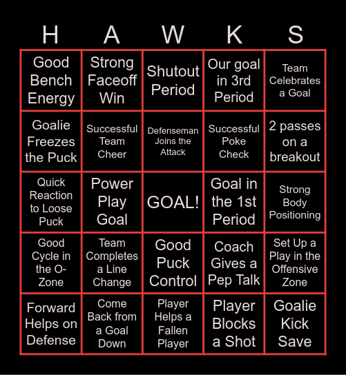 10U Jr. Winterhawks Hockey Bingo Card