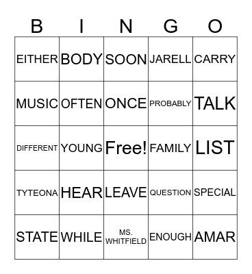 SIGHT WORDS Bingo Card