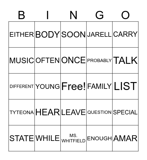 SIGHT WORDS Bingo Card