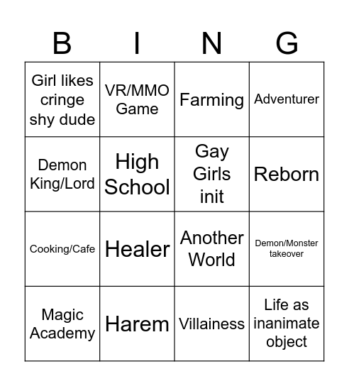 Bad Anime Bingo Card