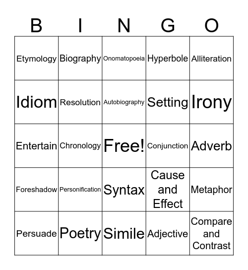 Vocab Bingo Card