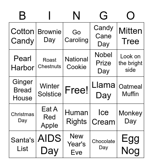 December Holidays Bingo Card