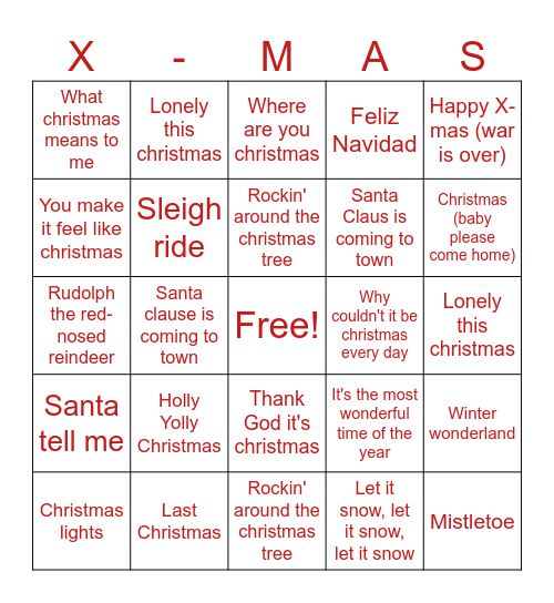 Kerst Liedjes Bingo Card