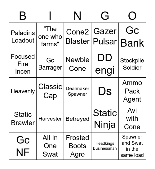 WTD Public Lobby Loadouts Bingo Card