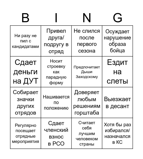 Бинго отрядного нормиса Bingo Card