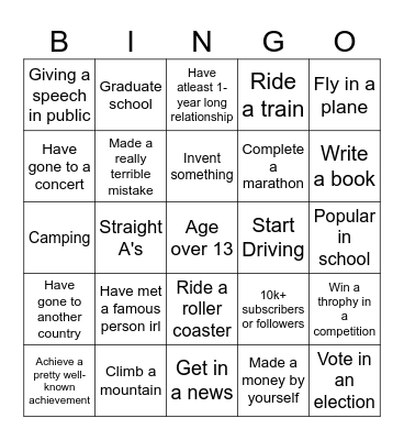 Life checklist Bingo Card