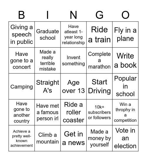 Life checklist Bingo Card