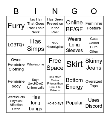 Femboy Bingo Card