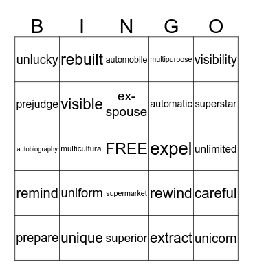 Unit 6: Word Parts Bingo Card