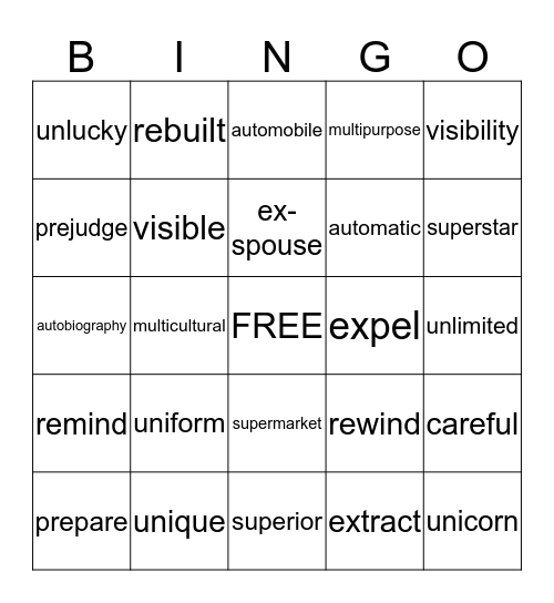 Unit 6: Word Parts Bingo Card