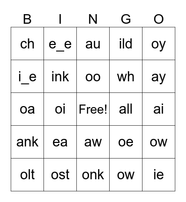 95% phonics Bingo Card