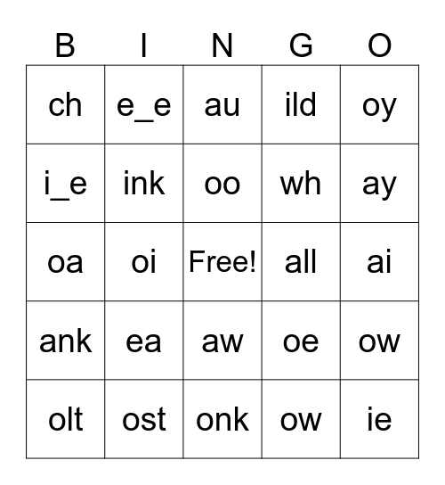 95% phonics Bingo Card