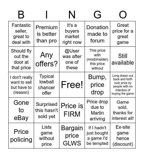 PinballInfo Wanted/For Sale/Trade Section Bingo Card