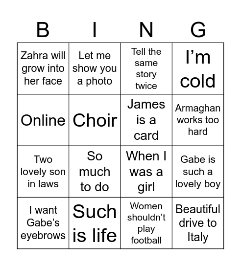 Grandma Bingo Card