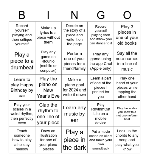 Winter Break Bingo Card