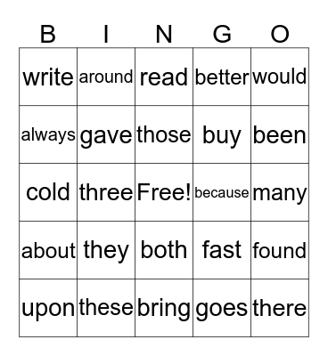 Sloan's Sight Words Bingo Card