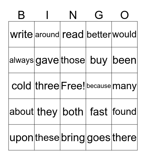 Sloan's Sight Words Bingo Card