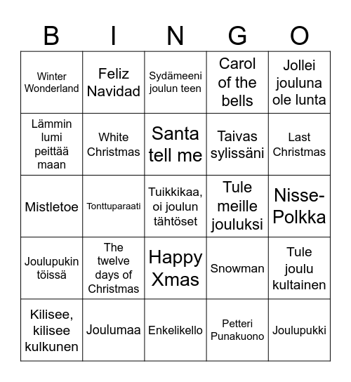 Joululaulu Bingo Card