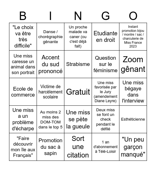 Miss France 2024 Bingo Card