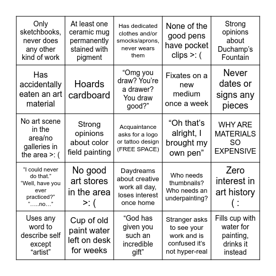 Traditional Artist BINGO Card