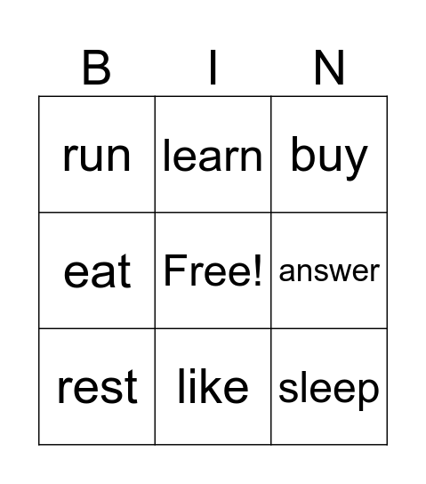 Present tense verb bingo Card