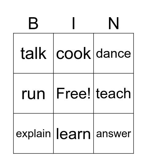 Present tense verb bingo Card