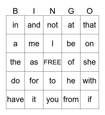 Sight Words Bingo Card