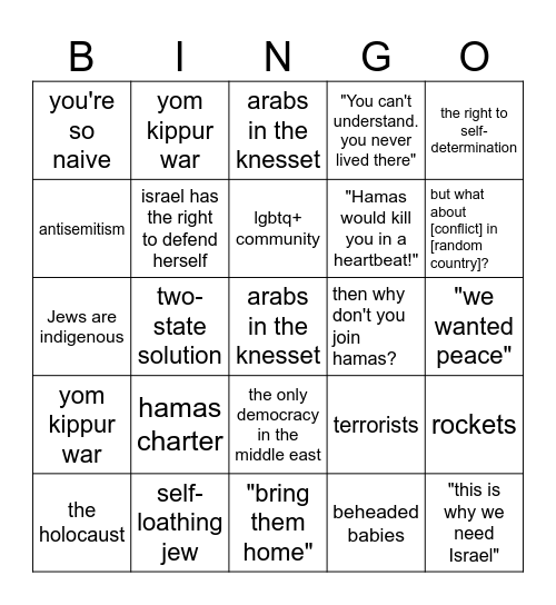 American Zionist Bingo Card