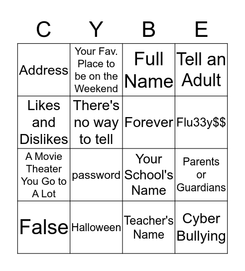 Cyber Saftery  Bingo Card
