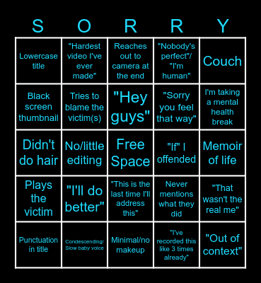 YouTuber Apology Bingo Card