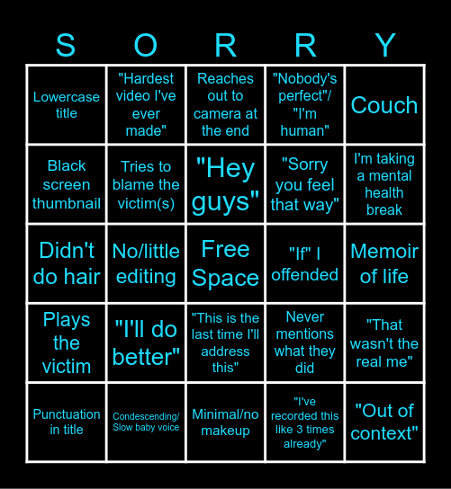 YouTuber Apology Bingo Card