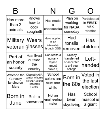 NASA Community College Aerospace Scholars Bingo Card
