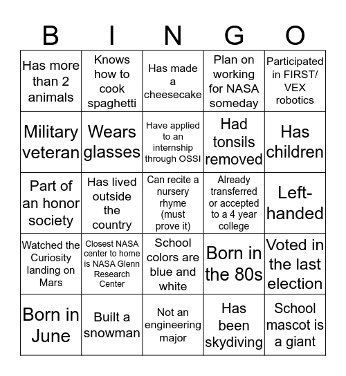 NASA Community College Aerospace Scholars Bingo Card
