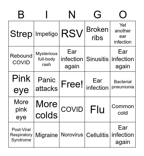 Family Illnesses 2023 Bingo Card